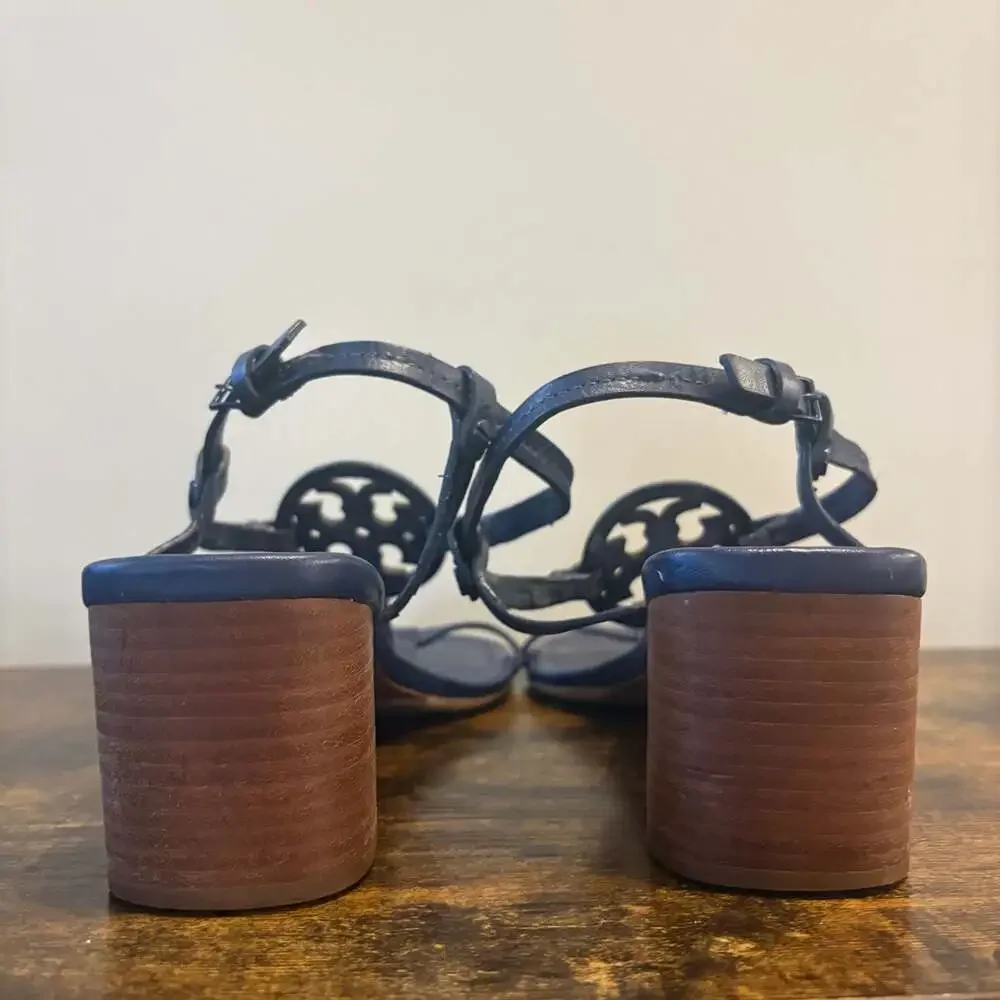 Tory Burch Miller Navy Leather Block Heel Sandals Size 10M